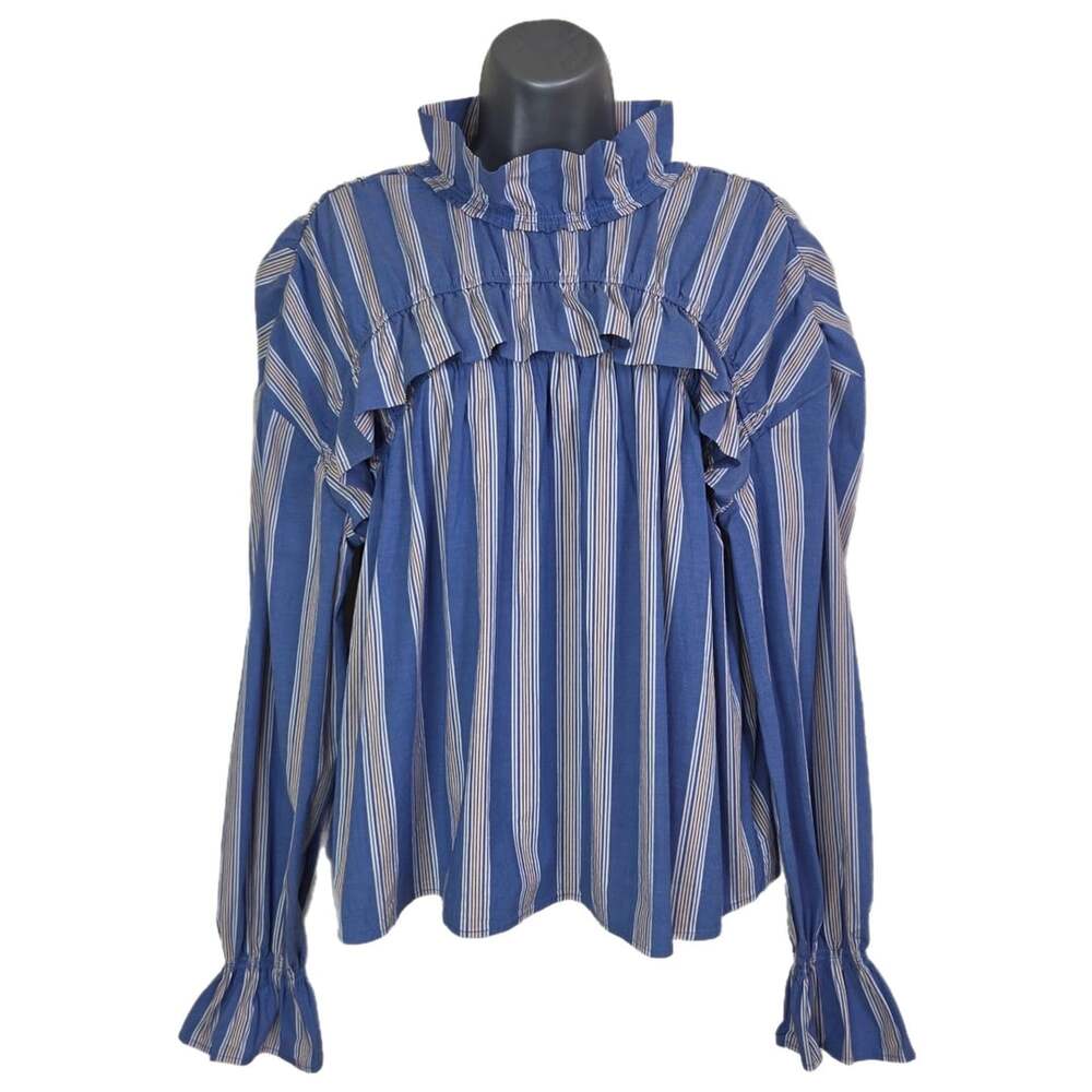 Maison Cinqcent Blouse Large Blue White Striped Mock Neck Ruffle